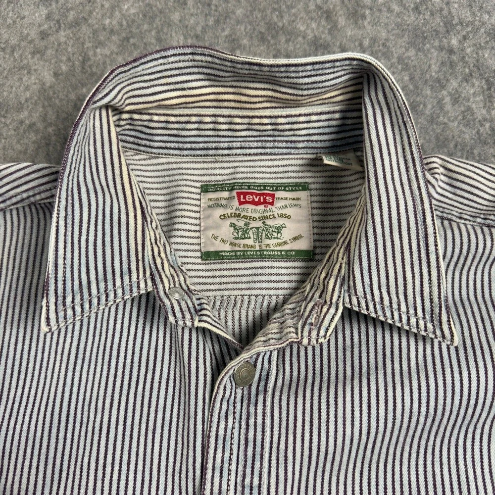 Vintage Levi's Shirt Men's Large Blue White Striped Denim Work Engineer Chore